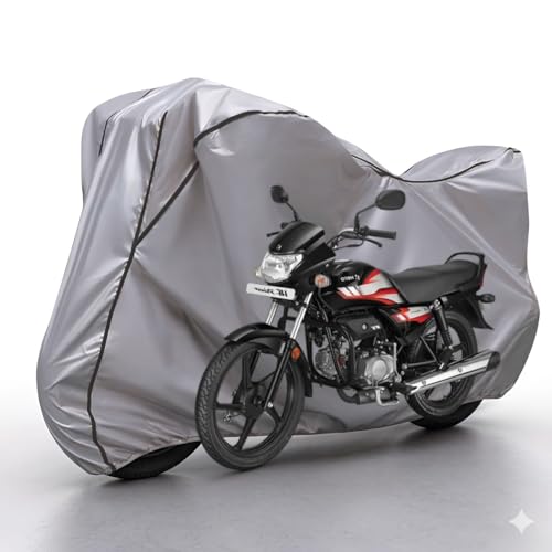 Image of Waterproof Bike Body Cover Compatible with Hero Hf Duluxe Dustproof Scratchproof - Motorcycle Cover for Two Wheeler, Outdoor Full Cover with UV, Duty, Rain Protection (Silver & Black)