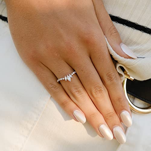 Rhodium Plated Sterling Silver Tiara & Crown Dainty Curved Wedding Band Ring Marquise Cut 3-Stone V Arched Promise Ring3