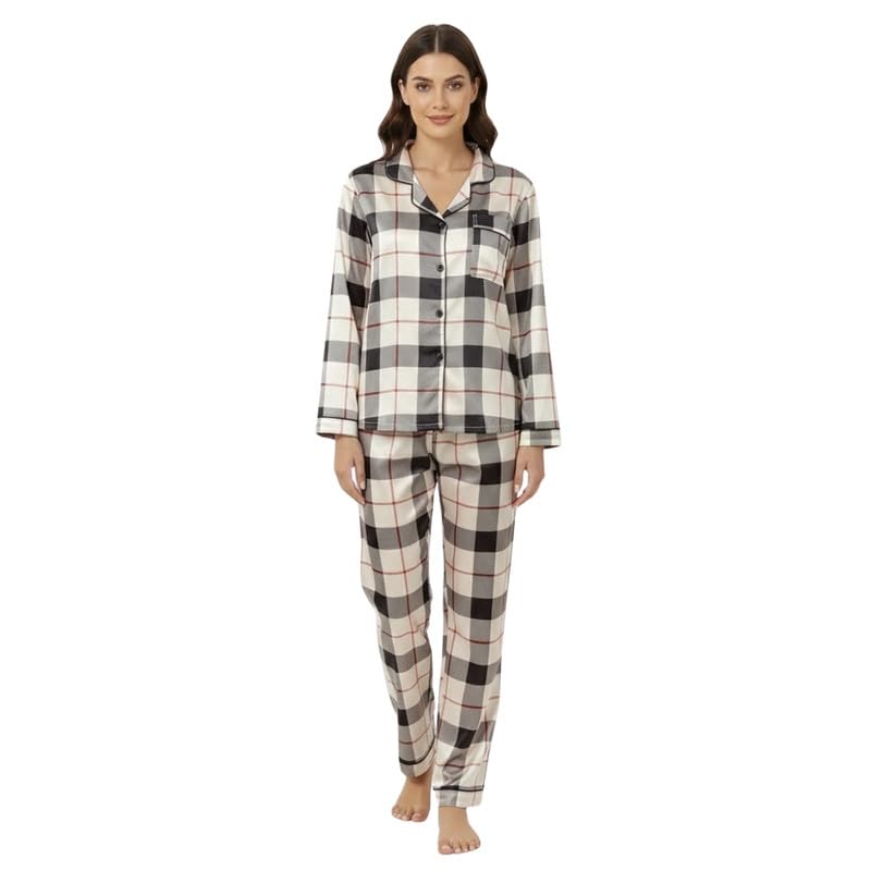 Image of Night Suit for Women with Full Sleeve Button-Down Top with Pant Dress for Woman,Night Dress for Woman, Two-Piece Loungewear Set