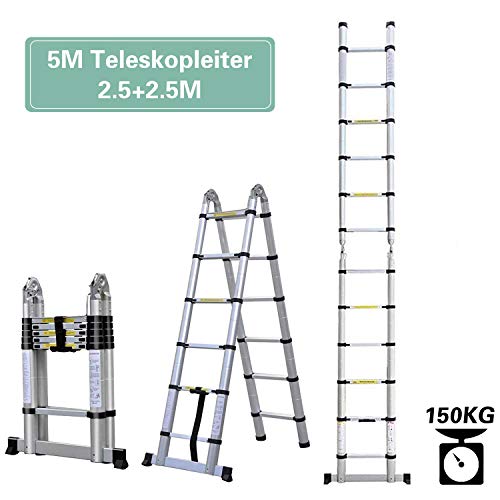 Preisvergleich Produktbild 5 M-Multifunktionsleiter, Höhe einstellbar, Anlege- / Schiebe- / Bockleiter in einem, belastbar bis 150 kg, Auszeihleiter aus Hochwertigem Aluminium Leiter, Ein-Knopf-Rückzug Neues Design (2.5+2.5)
