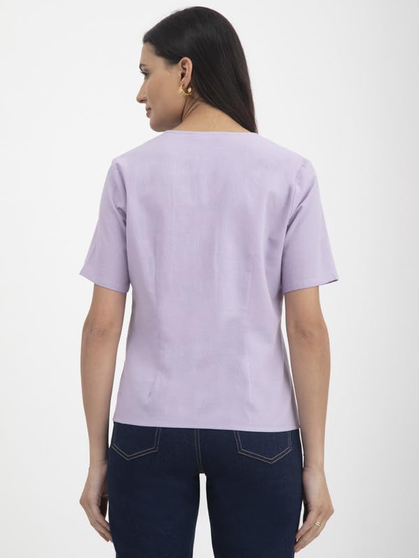 Image of FableStreet Linen V-Neck Button Top - Purple