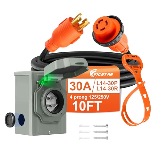10 FT 4 Prong 30 Amp Generator Cord and Power Inlet Box, NEMA L14...
