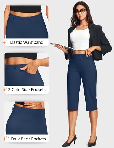Image of ISEEGZ 14'' /18 inch Capri Pants for Women Dressy Stretch Pull On Womens Capris with Pockets Petite Summer Office Work Casual