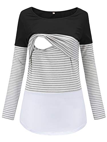Preisvergleich Produktbild Love2Mi Damen Stillshirt Langarm Schwanger T-Shirt Umstandsshirt Nursing Tops Schwangerschafts Umstandsmode,Schwarz,XL