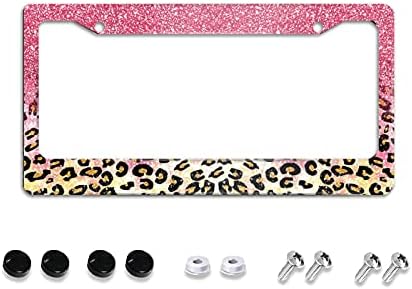 Pink Glitter Decorative Car Front License Plate Frame 2 Holes Brown Leopard Cheetah Print Aluminum Customized Decor Car Tag for Men/Women with Screw Caps Car Accessories US Canada Standard 12"X6"