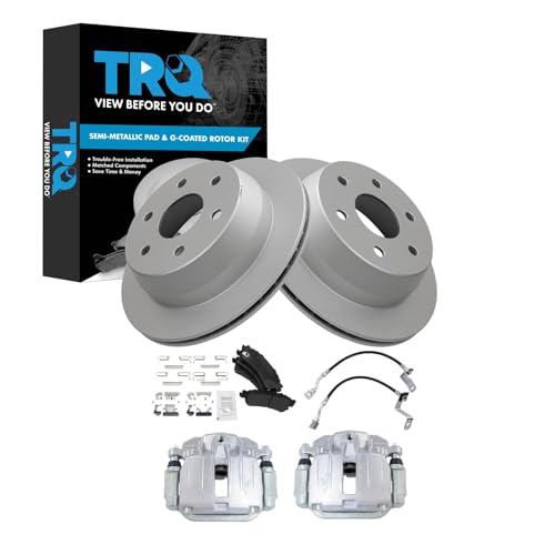 Image of TRQ Rear Brake Pad and Rotor Set Semi Metallic Coated Rotors Calipers Compatible with 2001 Chevrolet Silverado 1500 Sierra 1500