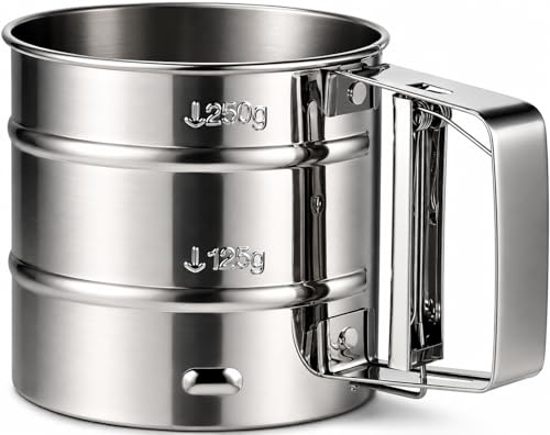 Tamis à Farine Inox 250 g, Tamis de Cuisine à Une Main avec Poignée à Ressort, Maille Fine pour Sucre Glace, Cacao et Pâtisserie