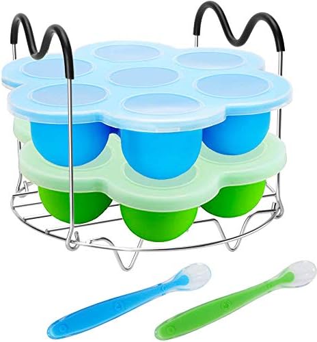 Pressure Cooker Accessories with Silicone Egg Bites Molds and Steamer Rack Trivet with Handles Compatible with Instant Pot Accessories 6, 8 Qt, 3 Pcs with 2 Bonus Spoons (Blue & Green - 3 Pcs)