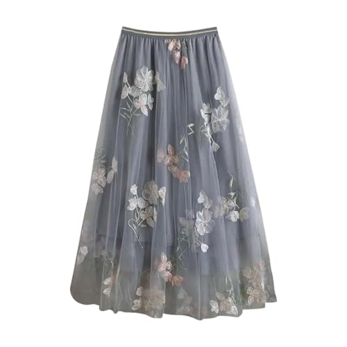 Women's Midi Skirt Vintage Weekend Travel Embroidered Double Gauze Elastic High Waist Long Skirts