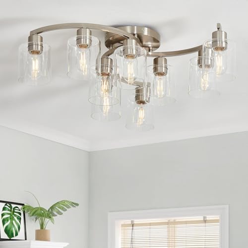 Image of 9-Light Ceiling Light, Semi Flush Mount Ceiling Light Fixture, Kitchen Lighting Fixtures Ceiling, Brushed Nickel Finish with Clear Glass Shade for Living Room Bedroom Dining Room