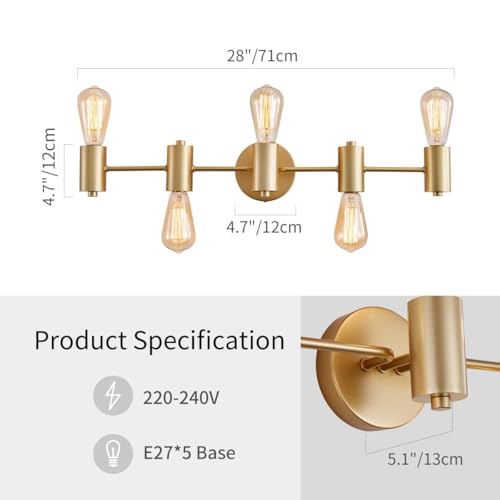 Image of WUZUPS 5-Light Bathroom Light Fixture Over Mirror Morden Vanity Wall Scones Light for Bedroom Living Room, E26 Base, Gold