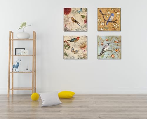 Image of Flowers Birds Canvas Wall Art for Bedroom Floral Wall Decor Butterfly Picture Framed Artwork Vintage Prints Paintings for Bathroom Kitchen Decorations