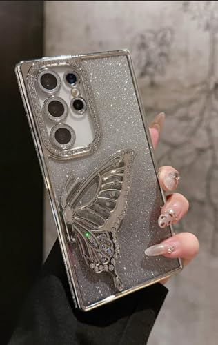Butterfly Bracket Holder Glitter Phone Case for Samsung S22/23/24/25, Slim Thin Shockproof Phone Cover Case (Silver,for 25PLUS)