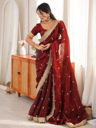Image of AKHILAM Women's Shimmer Off White Georgette Sequence Embroidery Saree With Unstitched Blouse Piece