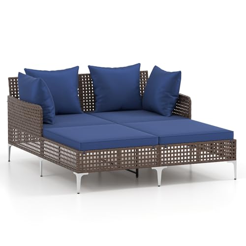 RELAX4LIFE Patio Outdoor Daybed, Wicker Rattan Double Chaise Lounger w/Soft