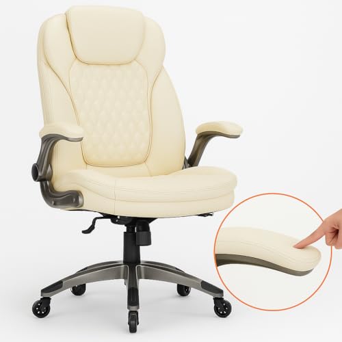 Image of COLAMY Ergonomic High Back Office Chair, Ivory Bonded Leather Executive Desk Chair with Flip-up Arms, Thick Cushion, Silent Nylon Wheels, Adjustable Height & Rocking Function, 300lbs Capacity