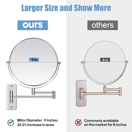 Image of Large Size 9-in Wall Mounted Magnifying Makeup Mirror 1X /10X Magnification,Extendable Bathroom Mirrors Wall Mount Vanity Mirror for Shaving,12-in Folding Arm,Flexible Adjustable,Space-Saving,No Light