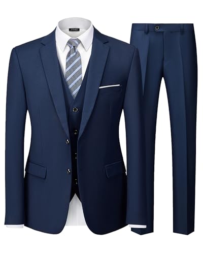 YND Men's Slim Fit 3 Pieces Suit, Two Buttons Blazer Set, Jacket Vest and Pants for Wedding Party Business Prom