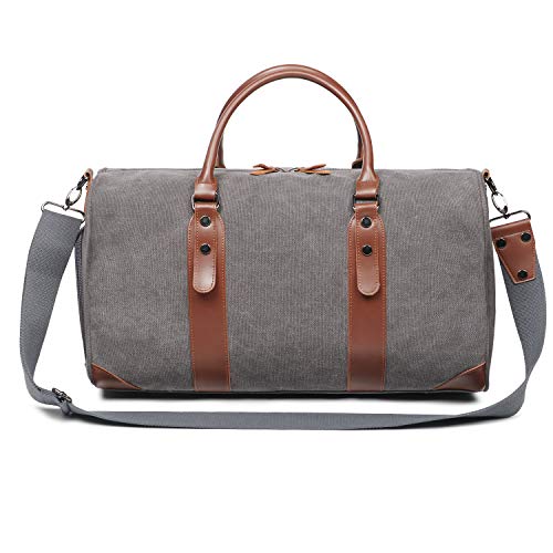 Oflamn Large Duffle Bag Canvas Leather Weekender Overnight Travel Carry On Tote Bag with Shoe Compartment and Toiletry Bag (Grey)