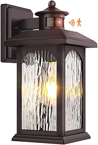 Brown Motion Sensor Outdoor Wall Sconce - Smart Dusk to Dawn Outdoor Lighting, Oil Rubbed Bronze Outdoor Wall Lights & Exterior Light Fixtures, Porch Lights with Water Rippled Glass for Garage House