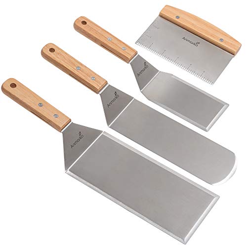 Stainless Steel Metal Spatula Set – Teppaniyaki Spatulas – Griddle Scraper Flat Spatula Pancake Flipper Hamburger Turner – Metal Utensil great for BBQ Grill Flat Top Cast Iron Griddle Accessories