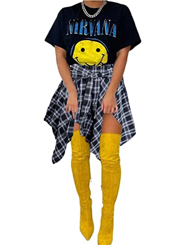 Women's Plaid Skorts Skirts - High Waisted Tie Front Pleated Summer Asymmetrical Skirt With Shorts Black Whiteb S #TOP3