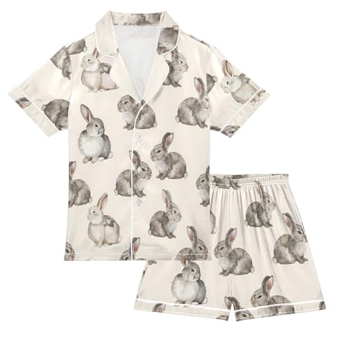 ALAZA Gray Rabbit Bunny Retro Satin Pajamas Set Short Sleeve Button Down Sleepwear Summer Pjs 2 Piece