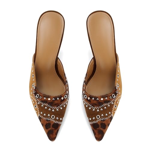Image of DOEYG Women Pointed Toe Bow Heels Mules Slip on Stiletto Heels Sandals Dress Party Wedding Studded Heels Pumps