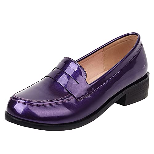 Elbslutt Women's Patent Leather Loafers Low Chunky Heel Slip On Pumps Round Toe Casual Shoes