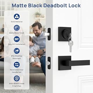 Camtek Exterior Door Lock Set, Door Locks for Front Door with Single Cylinder Deadbolt Lock, Matte Black Flat Square Passage Door Handle with Key for Front Door, 3 Pack (All Same Keyed Alike)