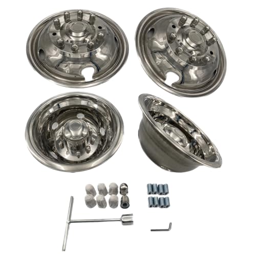 JOHNWELL Hubcap Kit Compatible with 2005-2021 Ford Super Duty F450/ F550 Dually Trucks 19.5 Inch 10 Lug and 5 Hand Holes Stainless Steel Front and Rear Wheel Simulators 4 PCS a Set