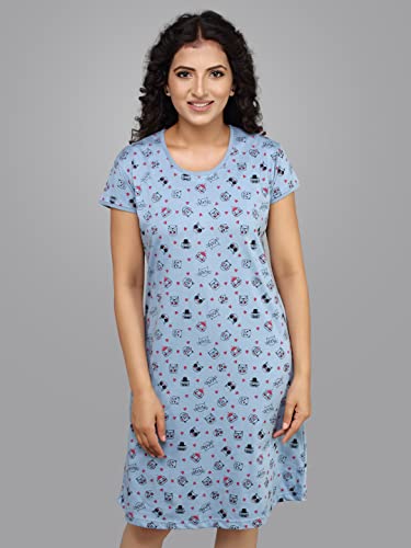 Image of Meerkat Women Short Sleeve Knee Length Cotton Knits Printed Short Nighty /Long Shirt /Midi