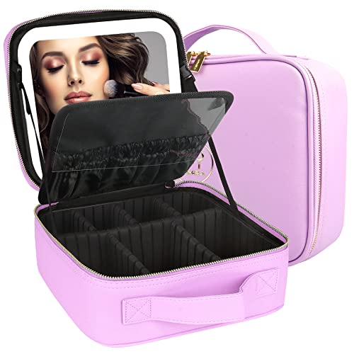 MOMIRA Reise-Make-up-Tasche Kosmetiktasche mit beleuchtetem Spiegel Einstellbarer Helligkeit in 3 Farbszenarien wasserdichte Makeup-Trainingsbox Geschenk für Frauen - Lila