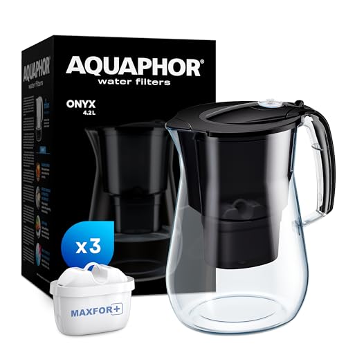 AQUAPHOR Onyx Wasserfilterkanne 4,2 l, zur Reduzierung von Kalk, Chlor und anderen Verunreinigungen, inklusive 3 x Maxfor+ Filterpatronen - Premium Wasserfilterkanne in Glasoptik. - Schwarz