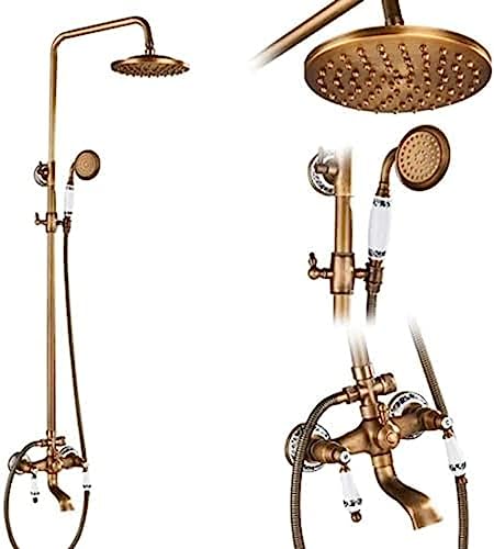 Système de douche laiton antique mural e01 avec mitigeur et étagère de bain