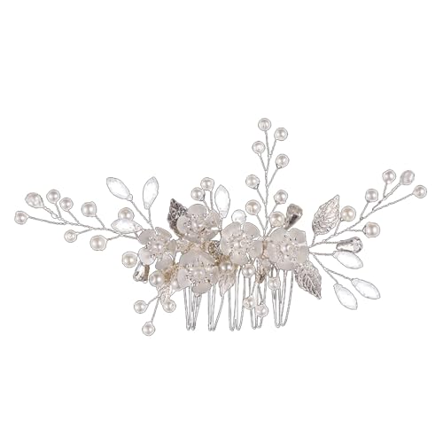 NICENEEDED Pente de cabelo de noiva de flor, enfeite lateral floral prateado, peça de cabelo com str
