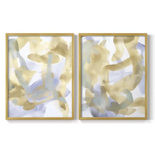 Renditions Gallery Set of 2 Peel & Stick Framed Prints, Abstract Wall Art, Gold & Gray Brushstrokes Wall Decor, Re-Stickable - Ready to Hang - 16"x20" - Gold Frame LT608