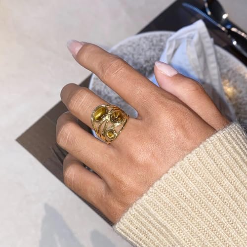 Layered Round Stone Open Wrap Ring for Women Stainless Steel Gold-Toned 3 Layers Turquoise Wide Adjustable Finger Rings Comfort Fit Dainty Jewelryfor Holiday Wedding2