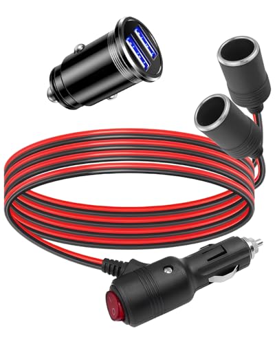 1 a 2 Cable Extensión para Mechero Coche 12V/24V Divisor Encendedor Cigarrillos Doble Encendedor Cigarillo con Interruptor 18AWG Cargador Coche USB Dual Enchufe Adaptador Conector para Barco Moto SUV
