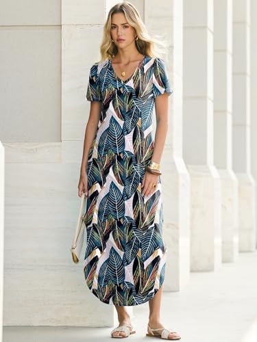 ANRABESS Women's V-Neck Short Sleeve Summer Maxi Shirt Dress w/ Slit Side & Pockets - image 2