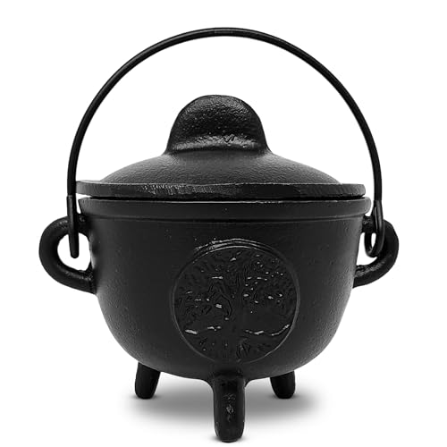 New Age Imports Inc. Tree of Life Cast Iron Cauldron w/Handle & lid Ideal for smudging Incense Burning Ritual Purpose Decoration Halloween Decoration Candle Holder etc. (Tree of Life - BR94)