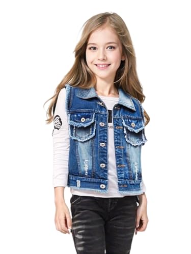 Lazutom Girls' Denim Vest Jacket Sleeveless Frayed Jean Vest Outerwear for Casual, School, Layered Fall Outfits