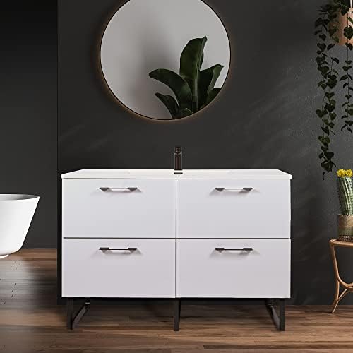MADISON HOME PRODUCTS Free Standing Single Bathroom Vanity with Soft Closing Drawers Includes A Acrylic Vanity Sink Top by Gravita Designs (White High Gloss, 48")