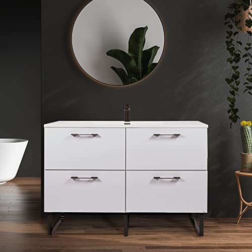 Madison Home Products Free Standing Single Bathroom Vanity With Soft Closing Drawers Includes A Acrylic Vanity Sink Top By Gravita Designs (White High Gloss, 48") #TOP16