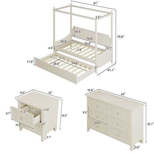 Citylight 3 Pieces Twin Bedroom Sets, Rubber Wood Twin Size Canopy Daybed With Trundle, Nightstand And Dresser, Simple Style Wooden Bedroom Furniture Set For Teens Adults, Milky White #TOP1