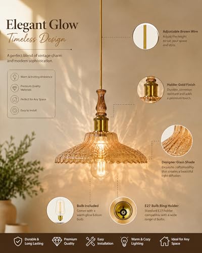 Image of Homesake Botanica Pendant Lamp | Petal Scalloped Glass Hanging Light with Solid Wood Top | Vintage European Ceiling Fixture, Pendant Light for Home Decor, Hallway, Kitchen & Balcony, (Ripple, Yellow)