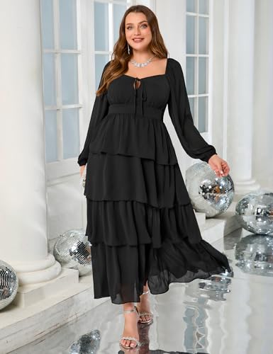 Image of EYWOL Womens Plus Size Floral Tiered Ruffle Long Sleeve Evening Party Wedding Guest Dress