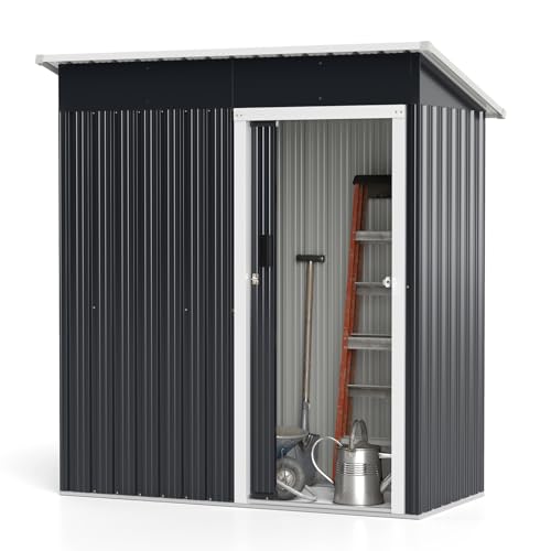 COSTWAY 5.5 x 3ft Metal Garden Shed, Galvanized Outdoor Storage Shed with Lockable Sliding Door & Slope Roof, All-Weather Tool Storage House for Patio Backyard Lawn