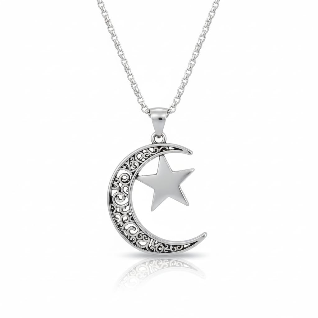 Crescent Moon Islamic Pendant Necklace for Men & Women | Metal Muslim Symbol Pendant with Chain | Religious Jewelry Gift | Durable & Stylish Everyday Wear Silver S-PN-BC-ME-S-Allah01-image-44