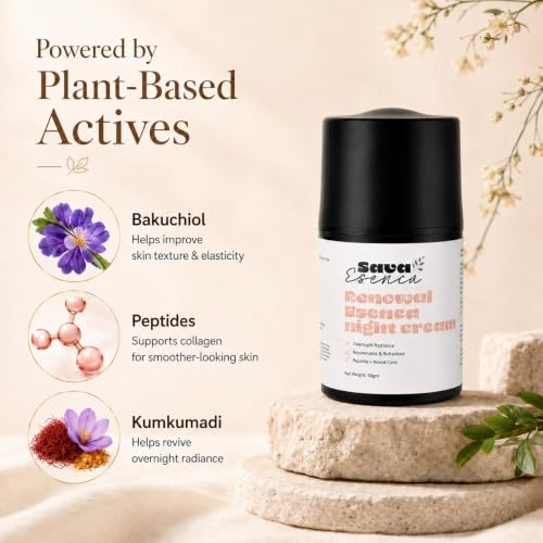 Image of Anti Aging Renewal Night Cream with Bakuchiol, Peptides & Kumikamud, Plant-Based Overnight Face Moisturizer for Radiant, Smooth & Hydrated Skin, Fine Lines & Wrinkle Care, All Skin Types, 50 g